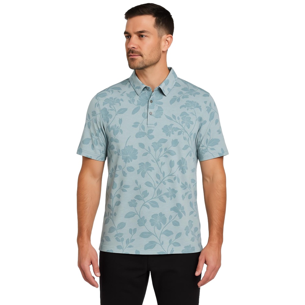 Linksoul Polo Shirt Mens Large Blue Floral‎ Short Sleeve Button Collar Flower